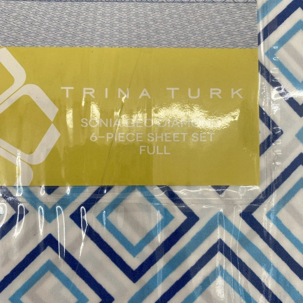 Trina Turk Sheet Set FULL White Blue Sonia Geo Diamond Geometric Colorful Modern